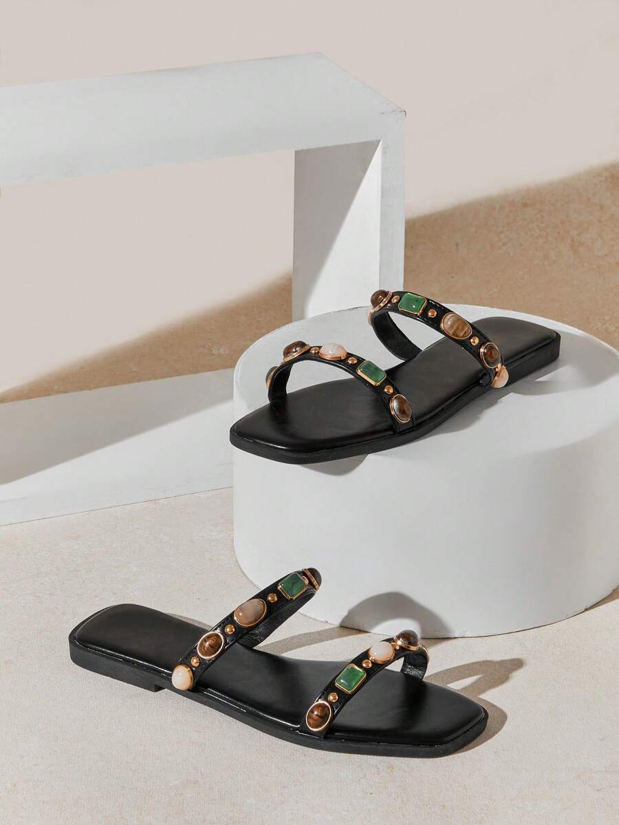 SHUZIA Women's Minimalist Comfortable, Durable, Double Band Slip-On Flat Sandals With Metal Ornaments - Black - View 1