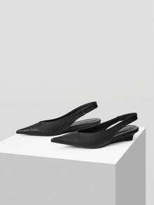 MOTF PREMIUM FASHIONABLE CROCODILE PATTERN PU LEATHER POINTED TOE BUCKLE WEDGE HEELS SLINGBACKS PUMPS FOR WORK & COMMUTE - Black - View 3