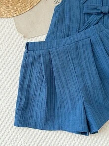 LMoss Kids 2件組女嬰編織純色無袖上衣與短褲套裝，可愛藍色夏季蝴蝶結套裝，女嬰兩件式親子套裝 - 藍色 - 查看 6