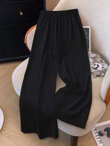 Franclia Pantaloni casual tinta unita a vita alta e gamba dritta, modellanti, taglie forti - nero - Visualizzare 2