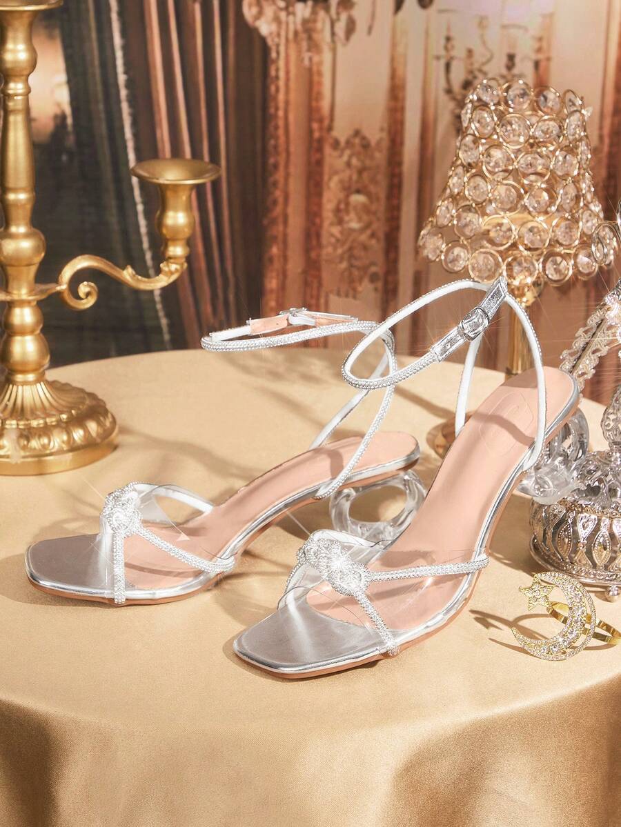 CUCCOO TILAWA Women's Fashion Rhinestone Twist Knot Square Toe Chunky Heel Sandals - Silver - View 1