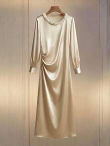 Franclia Women's Beige Satin Fabric Slim-Fit Pencil Skirt With Beaded Embellishments And Pleats. Elegant Long Dress For Dates And Parties. - Apricot - View 1