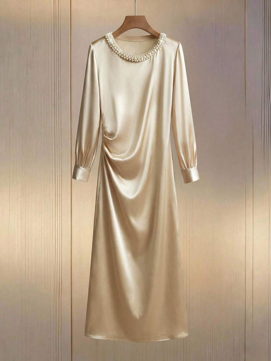 Franclia Women's Beige Satin Fabric Slim-Fit Pencil Skirt With Beaded Embellishments And Pleats. Elegant Long Dress For Dates And Parties. - Apricot - View 1