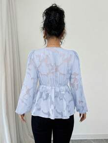 Elenzga Women's Red Chiffon Cut-Out Rose Pattern Long Sleeve Blouse Peplum Top