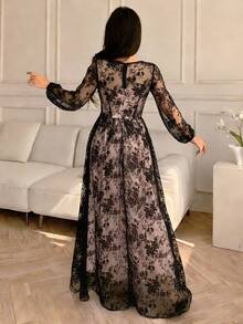 SHEIN LUNE Đầm nữ thanh lịch, trang nhã với họa tiết hoa 3D, cổ áo bất đối xứng, kiểu dáng sang trọng, thích hợp cho công sở. - màu đen - Xem 2