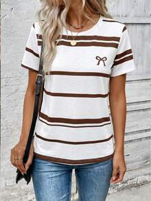EMERY ROSE Casual Fashion New Round Neck Short Sleeve Bowknot Striped Print T-Shirt - Multicolor - View 5