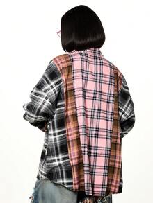 SUMWON WOMEN Oversized Check Plaid Button Down Shirt Long Sleeve Collared Blouse With Stud Details Fall Winter - Multicolor - View 2