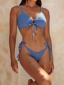 SHEIN Swim Summer Beach Solid Rib Tie Front Thong Bikini - Dusty Blue - View 1