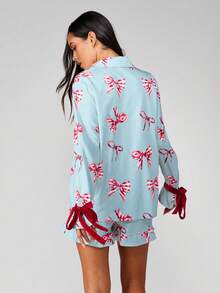 MISSGUIDED Bow Print Pajama Set Long Sleeve Button Up Top With Ruffle Shorts Holiday Sleepwear Lounge Set - Blue - View 2