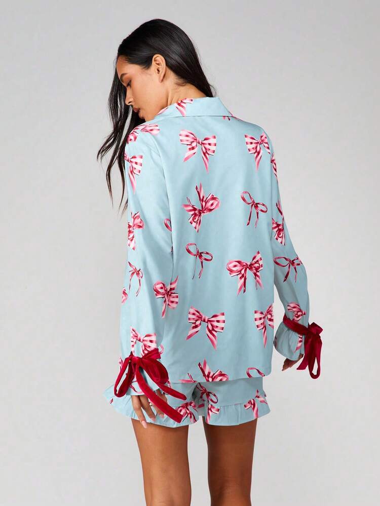 MISSGUIDED Bow Print Pajama Set Long Sleeve Button Up Top With Ruffle Shorts Holiday Sleepwear Lounge Set