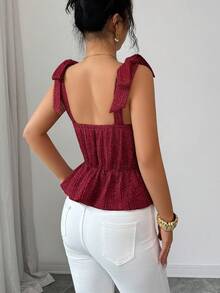 Elenzga 女士新款打结肩部设计荷叶边下摆时尚百搭约会派对上衣 - 酒紅色 - 查看 2