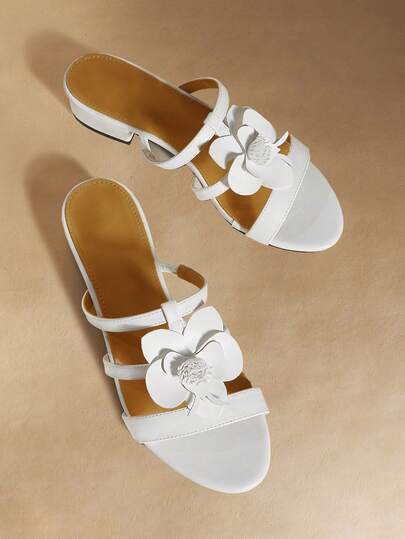 Rosivie Women's New Round Toe Low Block Heel White 3D Floral Strap Sandals, Suitable With Dresses, French Style Open Toe Flat Shoes, Comfortable Daily Versatile Ladies Sandals