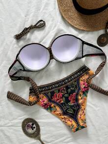 SHEIN Swim Women's New Random Print Spaghetti Strap Backless Push Up Bikini Set, Fashion Swimwear For Spring/Summer - Multicolor - View 2