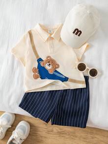 SHEIN 2pcs/Set Toddler Boys' Casual Cute Bear Embroidered Polo Shirt And Navy Shorts Set, Spring/Summer Baby Boy Clothes, Outfits - Navy - View 3