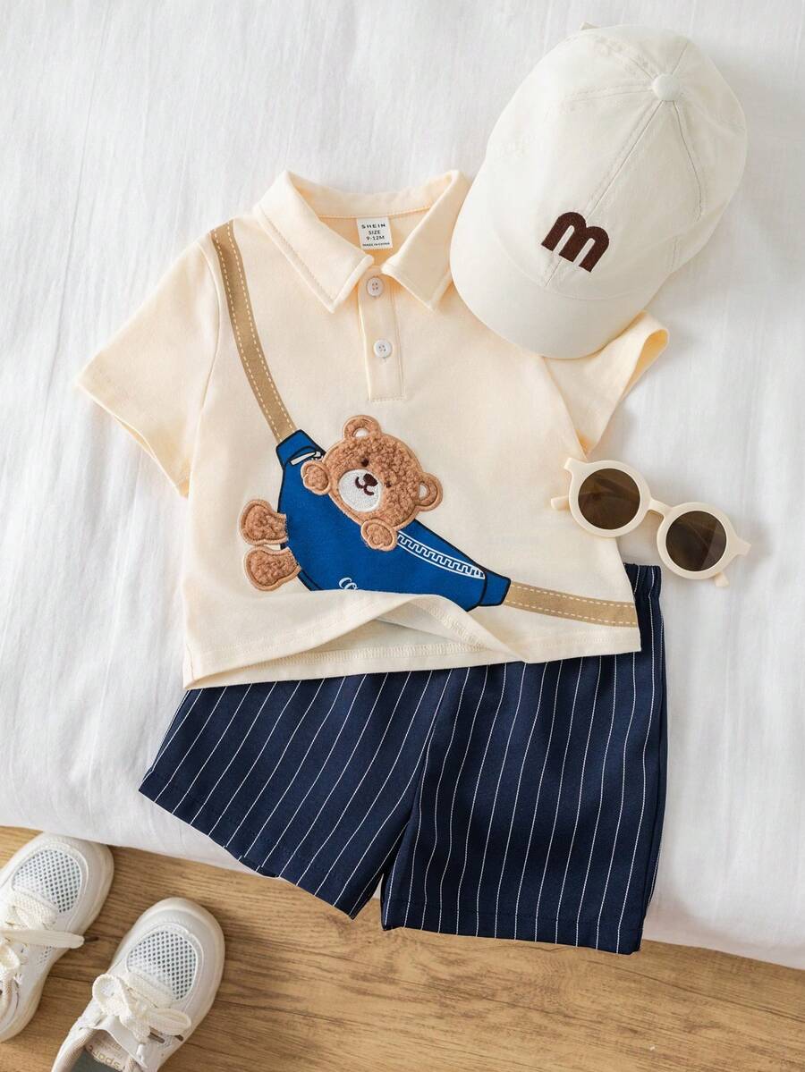 SHEIN 2件套幼儿男童休闲可爱小熊刺绣Polo衫和藏蓝色短裤套装，春夏男婴服装套装 - 藏藍色 - 查看 1