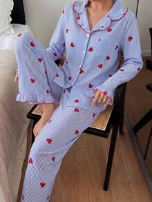 Heart Striped Frill Trim Lapel Cardigan And Pants Pajama Set - Multicolor - View 6