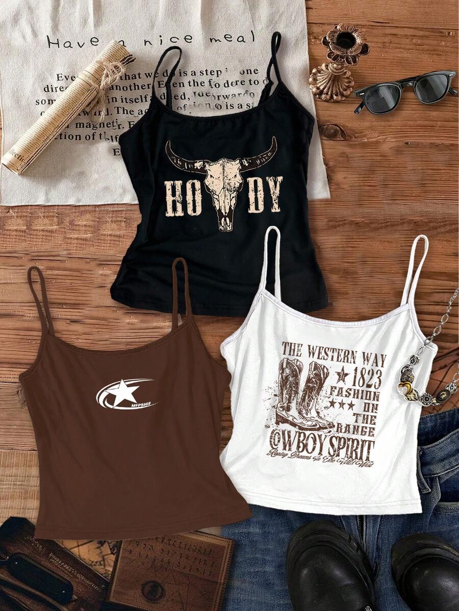Attitoon Bộ 3 áo croptop tank top phong cách cao bồi cổ điển với họa tiết đầu lâu và chữ cái, gợi cảm và ôm sát, thích hợp cho mùa hè. - Nhiều màu - Xem 1