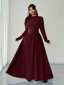 Elenzga 大码女式长袖露肩立领A字优雅浪漫连衣裙，秋冬款 - 酒紅色 - 查看 5