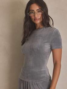 MUSERA Velour Straight Leg Elasticated Waist Tracksuit Bottoms Summer, Sporty, Casual, Day, Streetstyle, Streetwear - Grey - View 3