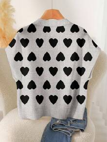 CosyJoli 大码女式爱心图案圆领休闲针织毛衣，秋冬女式套头衫，可爱女式上衣，印花毛衣上衣 - 灰色 - 查看 2