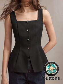 BizChic New Spring/Summer Black Square Neck Front Open Metal Rhinestone Decor Vest, Versatile For Layering, Y2K, Office, Business, Social Occasions - Black - View 1