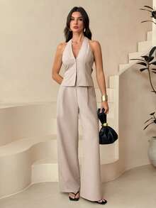 SHEIN Tall 两件套：优雅轻盈的亚麻裹身V领无袖背心和高腰褶裥阔腿裤，休闲商务通勤装，春夏、毕业典礼、教师装，秋冬返校季皆宜。 - 杏色 - 查看 8