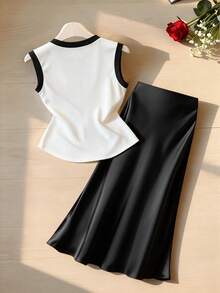 GlowEve CURVE Plus Size Black And White Summer Elegant Office 2 Pieces Set Women Contrast Color Tank Top+Satin Skirt,Casual Classy Work Clothes Blouse Terno Female - Black and White - View 2
