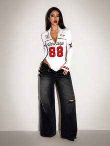 SHEIN ICON 女士数字印花长袖拉链休闲连体衣 - 白色 - 查看 3