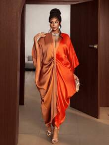 Maweii 大码女式性感不对称褶皱前片加大袖宽松撞色闪亮优雅连衣裙，适合春夏度假穿着，棕色连衣裙 - 彩色 - 查看 4