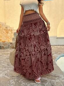 Sunnyshic Women's Bohemian Print Skirt, Casual Holiday Daily Wear, Spring/Summer - Burgundy - View 4