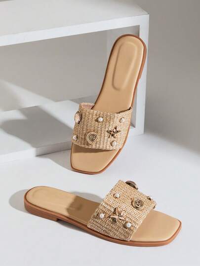 SHUZIA Women's Elegant Comfortable, Pearl SeaStar Decor Slip-On Raffia Flat Sandals