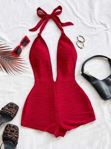 Soleia 女士度假白色针织仙女褶皱纹理深V领系带连体衣，修身剪裁，适合派对、圣诞节、约会、夜店、波西米亚风、度假、秋季等场合 - 紅色 - 查看 6