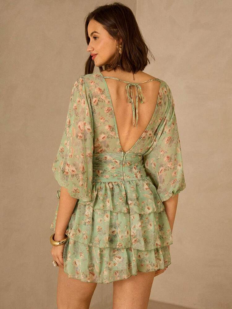 Women Summer Elegant Ditsy Floral Lantern Sleeve Ruffle Hem Mini Dress