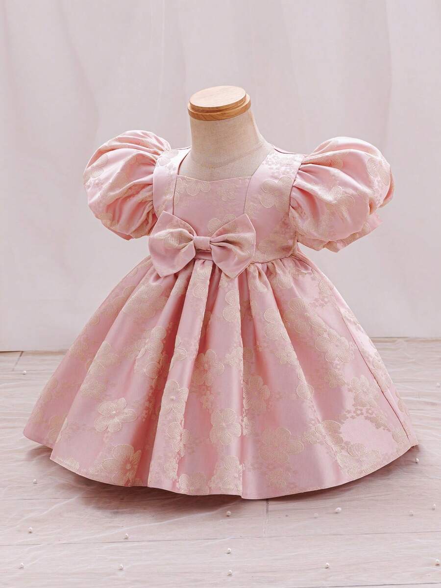 Glamorique Kids 女婴提花泡泡袖蝴蝶结装饰腰部派对礼服