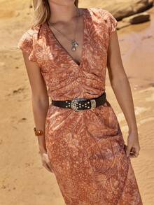 MOTF STUDIO WOMEN'S FLORAL PRINT RUFFLE SLEEVE BELTED MID-LENGTH DRESS