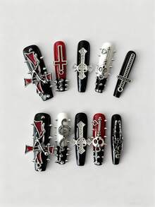 ROMWE Goth 10片朋克风铆钉假指甲+3片美甲双面胶带，深色高品质手工美甲，复古金属骷髅头、星星、十字架、音符装饰，长款梯形假指甲，四季皆宜，适合日常佩戴、舞会等场合。 - 紅黑 - 查看 3