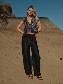 MOTF STUDIO 女士弹力腰带抽绳波西米亚风长裤，春夏款 - 黑色 - 查看 3