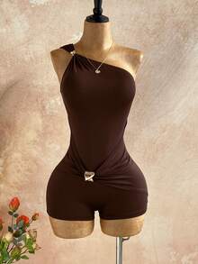 Soleia Women's Solid Color Asymmetric Neckline Ruched Sleeveless Jumpsuit Vacation Beach Chocolate Brown Summer Sexy Tropical - Brown - View 3