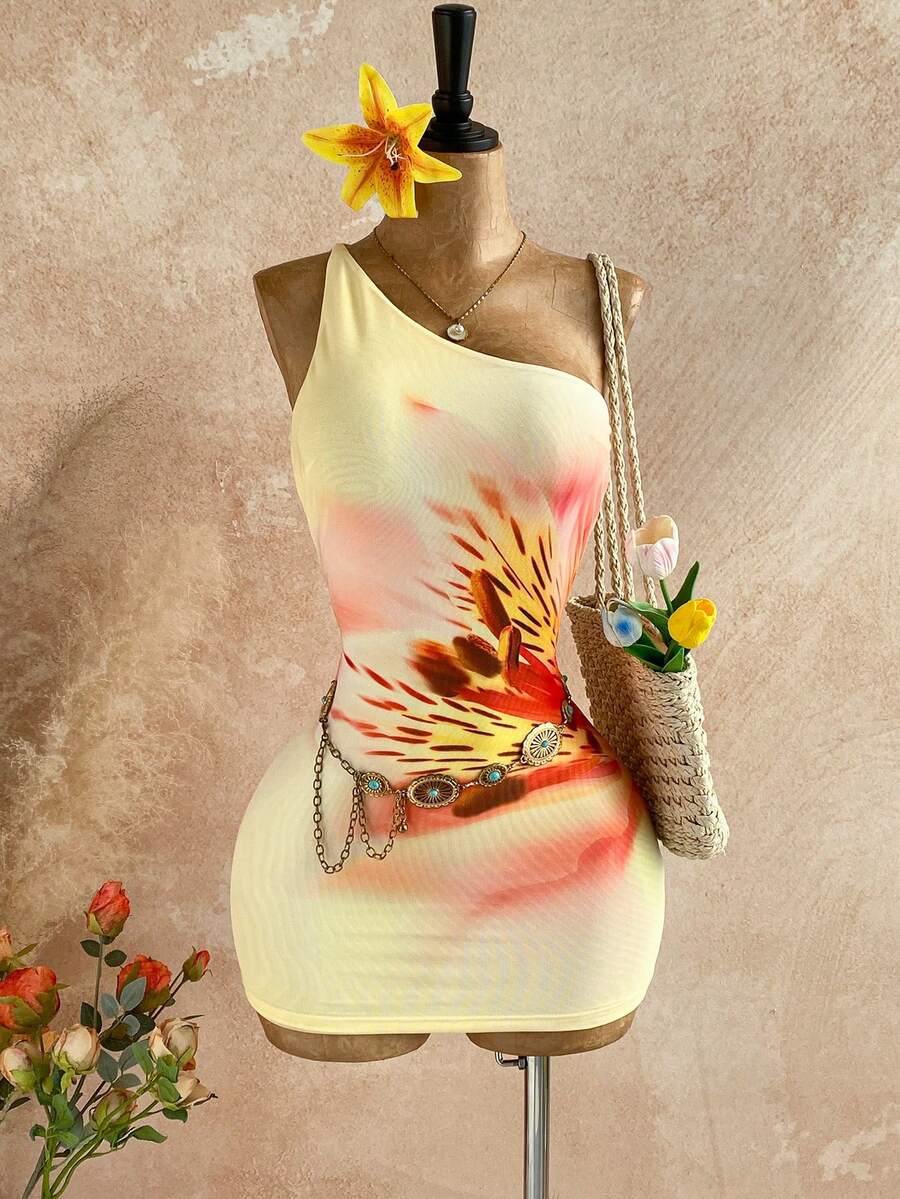 Soleia Robe moulante mini à une épaule avec imprimé floral, pour les vacances d'été des femmes - Multicolore - Voir 1