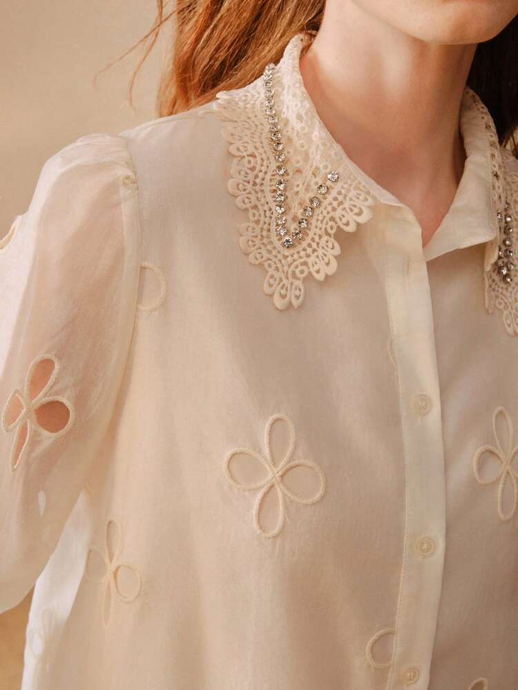 WOMEN'S FLORAL HOLLOW BUTTON UP CASUAL VERSATILE LONG SLEEVE SHIRT