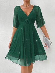 Rafferiza Mesh Embossed Ruffle Sleeve Waist Cinched Mini Dress - Green - View 6