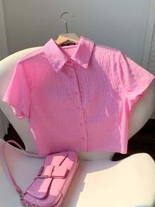 Comfortcana Pink Textured Knit Fabric Button Front Short Sleeve Shirt Button Up Top Women Shirts Summer Crop Shirt For Women Cropped Shirts Cropped Button Up - Pink - View 3
