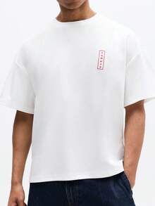 SUMWON 男士日系宽松版型T恤，饰有东京海浪印花和红色太阳图案，休闲街头风T恤 - 白色 - 查看 5