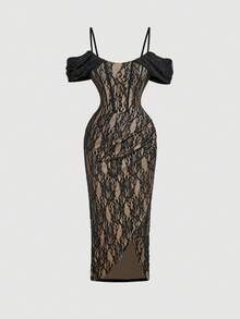 SHEIN MOD 女士优雅露肩蕾丝连体修身中长连衣裙 - 黑色 - 查看 6