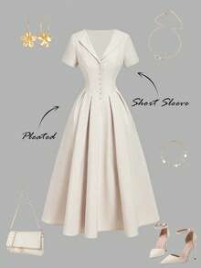 SHEIN MOD Váy midi xếp ly màu mơ có cổ - Màu be - Xem 2