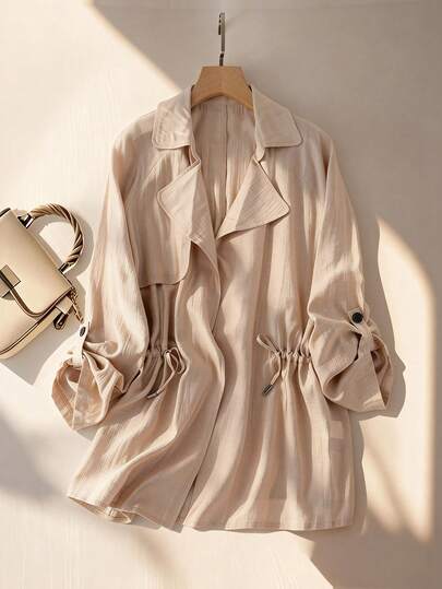 SHEIN Franclia 女士休闲轻薄天丝风衣，卡其色，中长款，春夏款