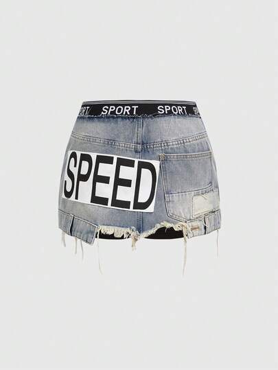 ROMWE Avant Gonna di jeans mini a vita bassa con vita elastica, stile sportivo per donna