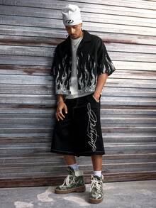 AXEPEAK Men's Front Button Short Sleeve Dropped Shoulder Casual Loose Flame Pattern Shirt - Black - View 6