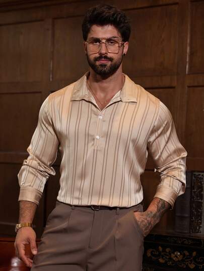 DAZY Men's Striped Beige Satin Shirt, Spring/Summer