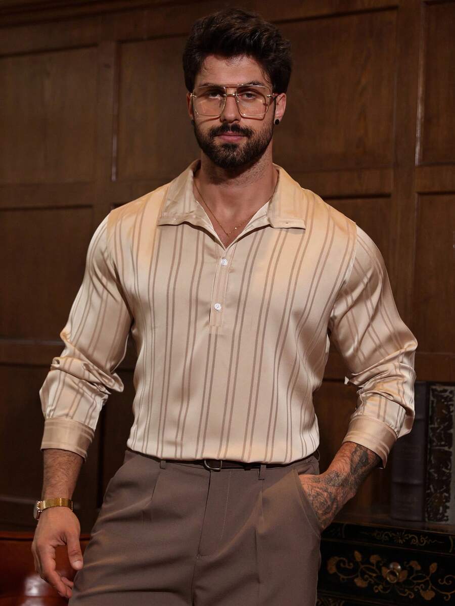 DAZY Men's Striped Beige Satin Shirt, Spring/Summer - Beige - View 1